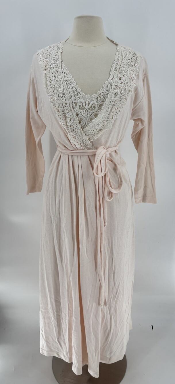 Vintage Verena Robe & Nightgown Set Womens Small Pink Cotton Crochet Belted 90s